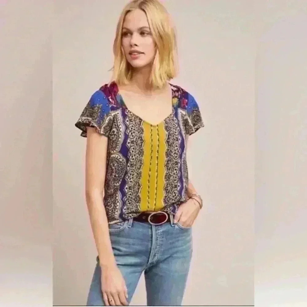 Anthropologie Multicolor Boho Print Short Sleeve Blouse - Blue, Yellow, Purple